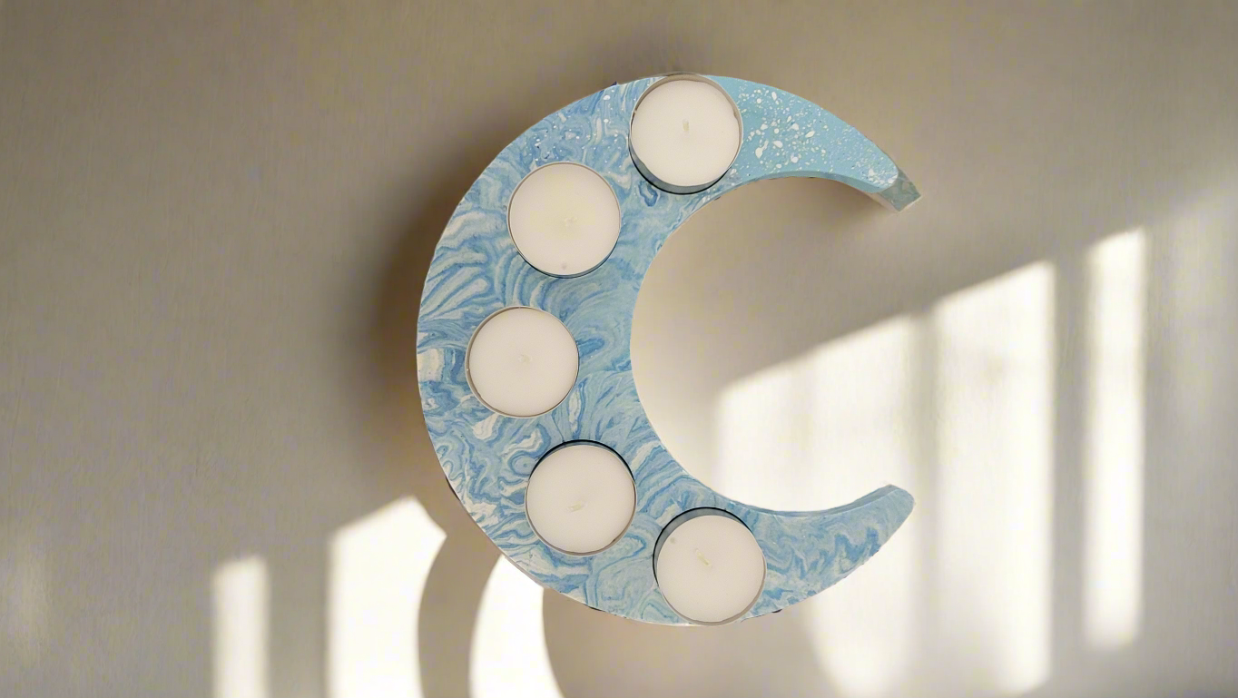 Blue and white moon shaped eco resin tealight holder