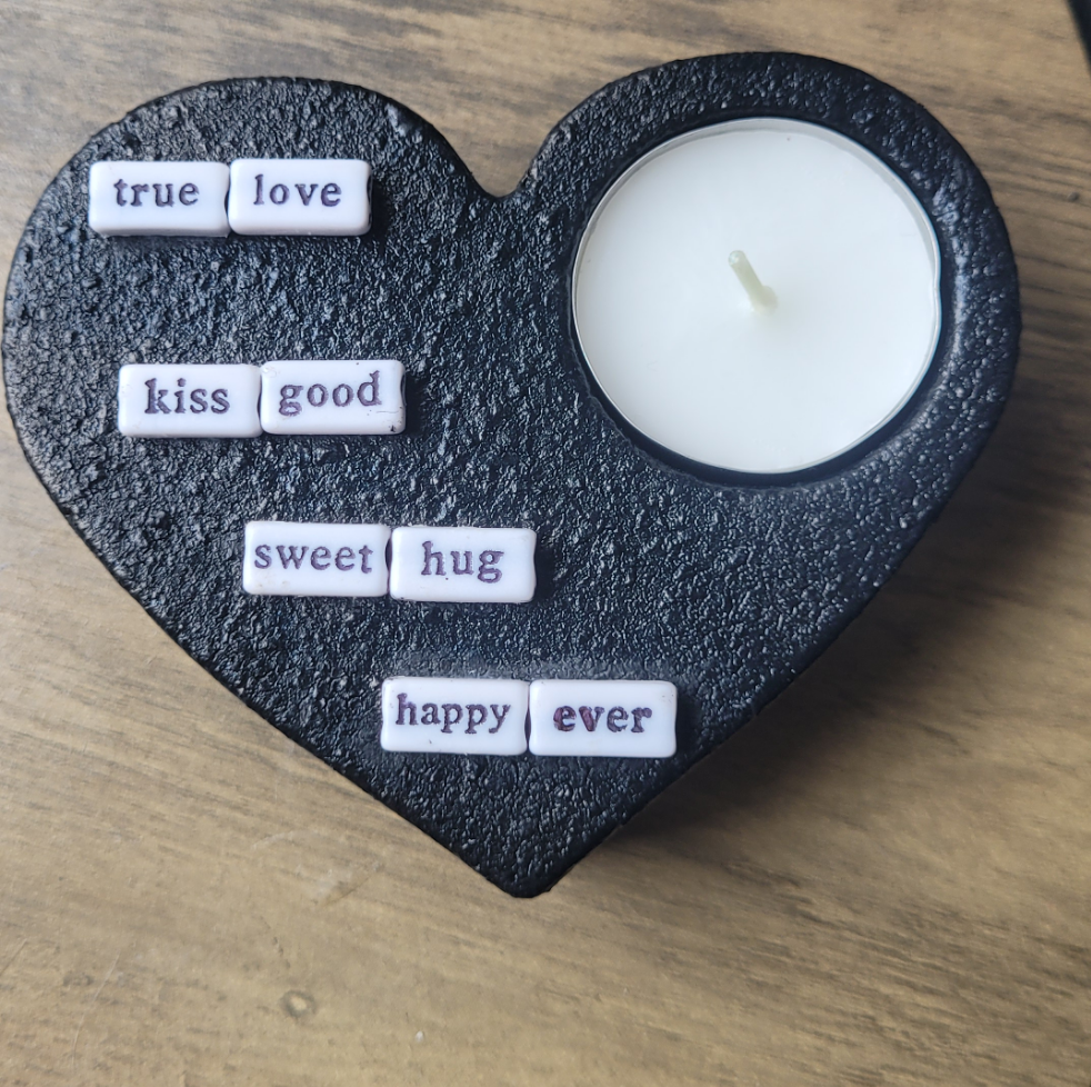 Textured black heart eco resin tealight holder decorated with beads