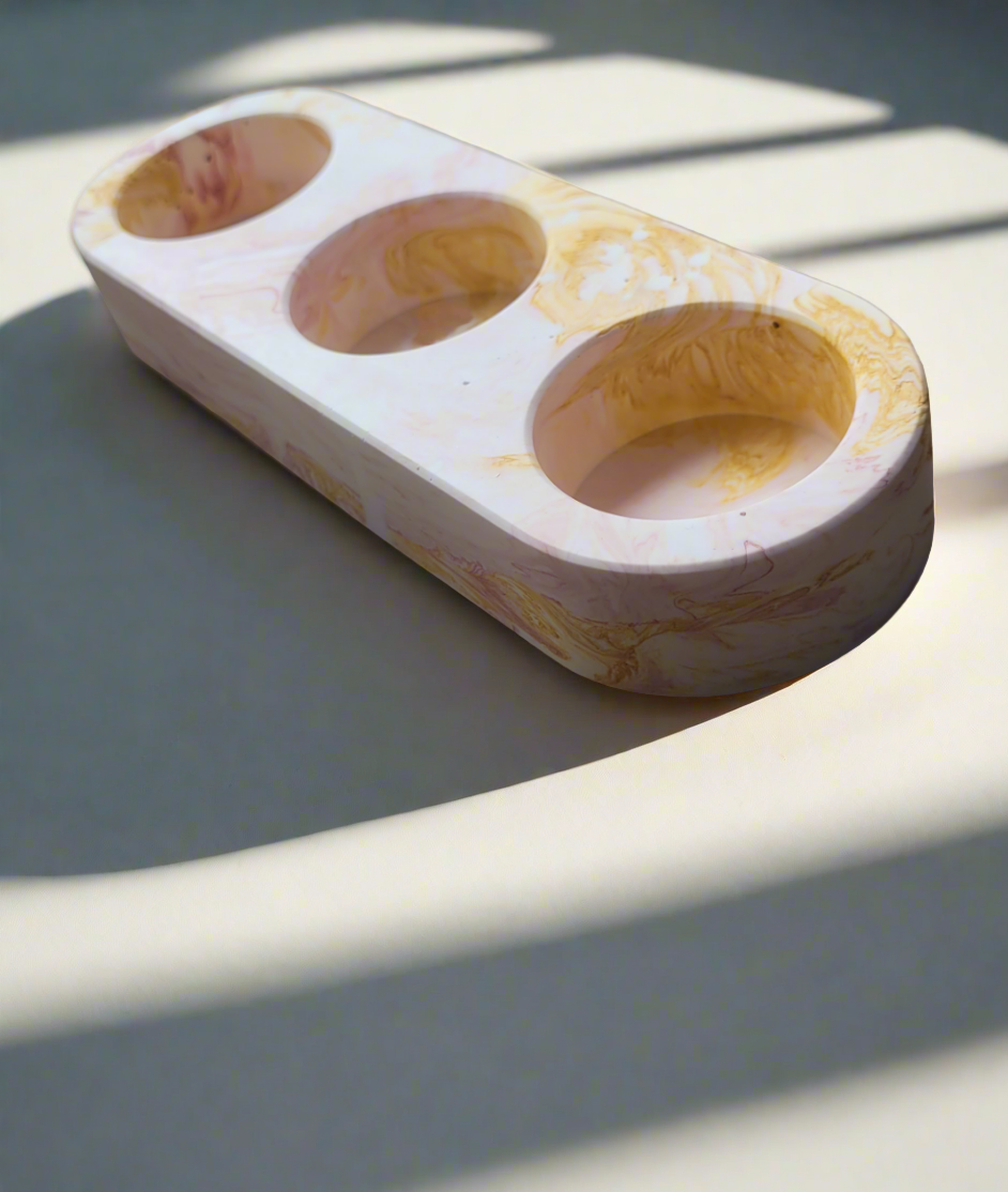 ochre, pink and white triple tealight holder