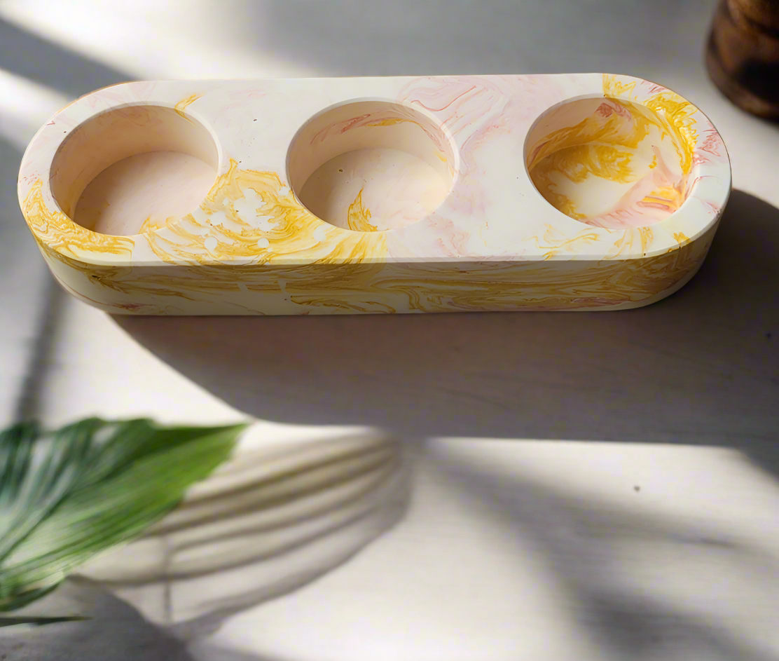 light pink, ochre and white triple tealight holder